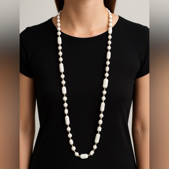 Jewelry - Vintage long white beaded necklace, mixed shapes w/ gold-tone spacers, 40”